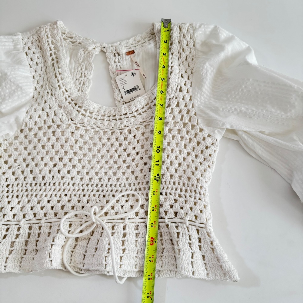 Free People Megan Crochet Knit Top Ivory Long Sleeve Peplum Blouse White Size S - Picture 8 of 14